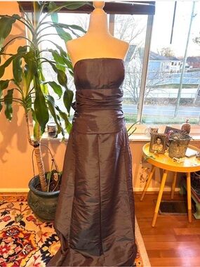 Bill Levkoff Strapless Dark Brown Satin A-Line Gown